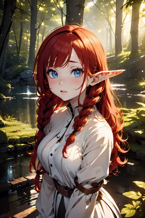 Full body portrait, forest, Night, fireflys, Beautiful Girl, redhair, Twin braids, real photo of 18 year old girl, curls,elf-ear...