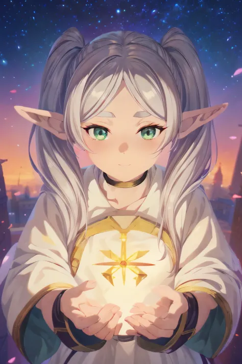 An elf girl,Twin tails with gray hair、White robes and skirts、Black tights、Brown boots,Green eyes,Parted bangs,Thick eyebrows,Bea...