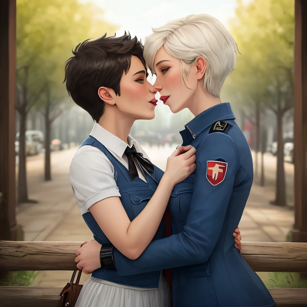 Two women in uniform kissing each other on a bridge - SeaArt AI