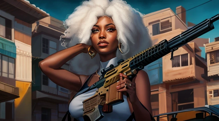 there is a woman holding a gun in front of a building, there is a woman holding a gun in front of a building, digital art by Jorge Jacinto, Artstation, afrofuturism, rob rey, extremely high quality artwork, beautiful artwork, stunning artwork, full art illustration, black woman, Art painted by Terese Nielsen, her husband Cliff Nielsen and Chris Moeller