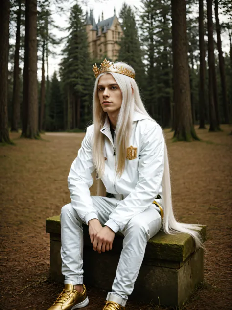 skinny boy with long white hair, shiny hair, straightened hair, golden jacket, sitting in the middle of the woods, wearing a sma...