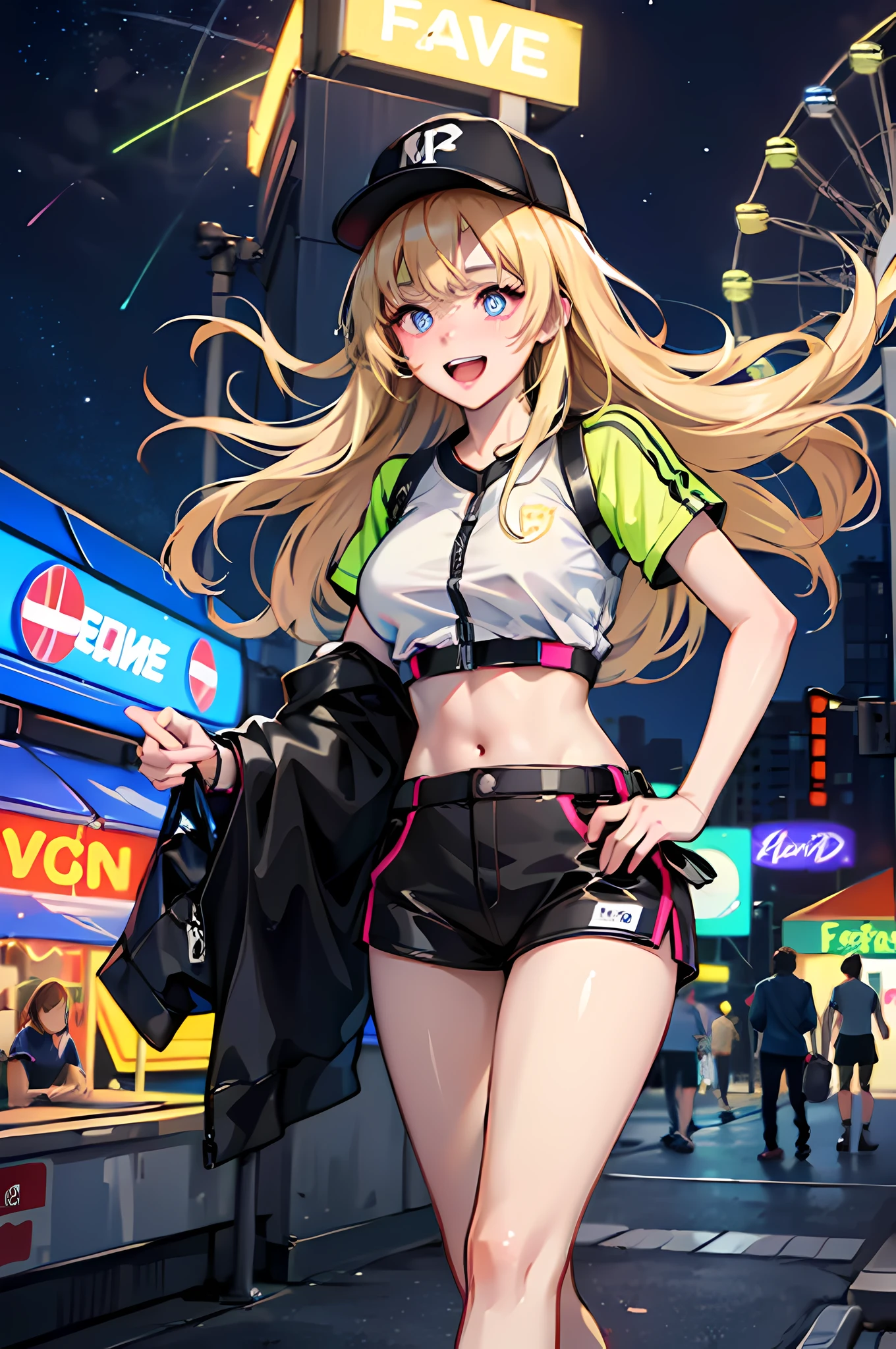 (high resolution), (8K), (extremely detailed), (4k), best quality, ((masterpiece, best quality)), expressive eyes, perfect face, ((1girl)), (((excited surprised smile))), (((very pale))), ((blonde)), ((baseball cap)), (((sportswear))), ((midriff)), ((fun fair at night)), ((((ferris wheel)))), ((carousel)), (shop stalls), (((((neon lights))))), ((((neon colors)))), ((crowd)), ((crowded)), ((night sky)), (((starry sky))), (moon), flashing, lifted by self, BREAK Volumetric lighting, shading, detailed illumination, reflections, shadows, VFX, chromatic aberration, ((depth of field)), (((bokeh))),