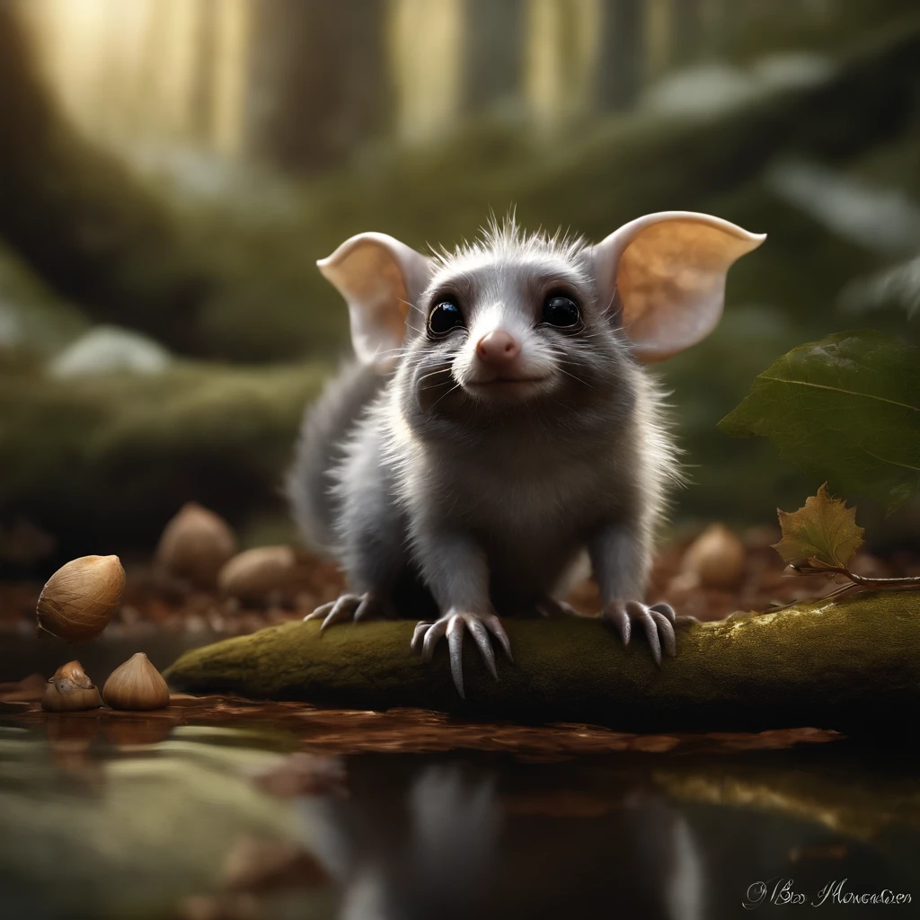 gremlin, mole-like, bright silver and brown, long tail, large ears, covered with silver fur, water, stands on the shore, Best Quality, Masterpiece, in style of dark fantasy art, gremlin, mole-like, holding a huge acorn in his paws, bright silver and brown, long tail, elongated nose, huge ears, covered with silver fur,tousled, five toes on each paw, holding a huge acorn in his paws, I&#39;m standing in a forest clearing under the foliage of bast., acorns lie in the clearing, acorns glow, Crickets fly, Best Quality, Masterpiece, in style of dark fantasy art, fantasy-inspired, in the style of John Tolkien,  (CBZBB:1.25), ((gremlin),Zhkute, Small, baby, Beautiful, Fantasy art, deviant art, trending artstation, Digital Art, Detailed, Realistic, humanoid, character, tiny, Cinematic shot, cinematic portrait of a mole