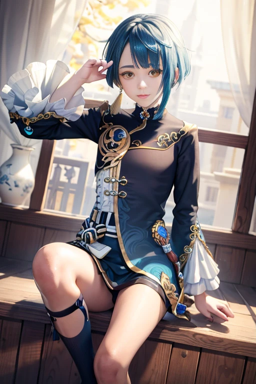 masterpiece, best quality,xingqiu (genshin impact), 1boy, male focus, solo, jewelry, blue hair, earrings, frilled sleeves, yellow eyes, single earring, frills, looking at viewer, long sleeves, water, bangs, tassel earrings, tassel,(kbxll:0.6)