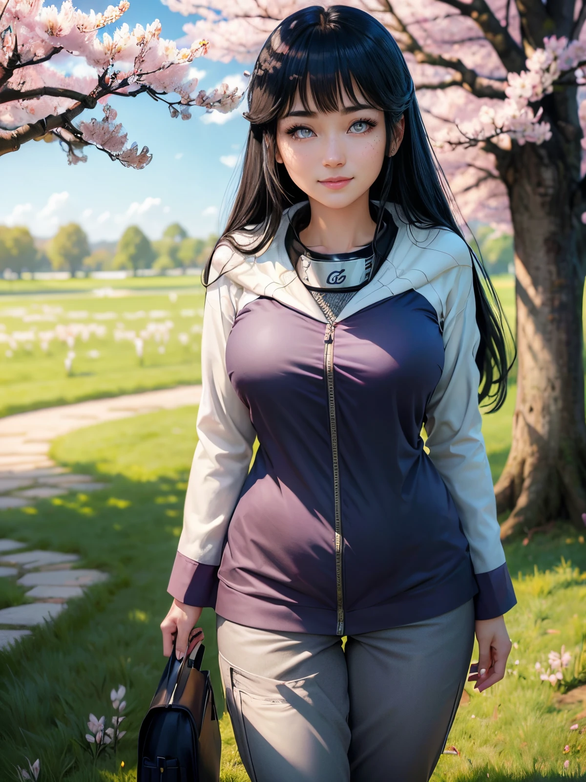 Х1Н4Т4, 1girl, Hyūga Hinata, 独奏, (Realistic:0.5), Masterpiece, 独奏, (Best Quality, Perfect detail, Beautifully detailed face, 詳細な目), Brilliant brilliance, Ray Tracing, Depth of field, HDR, gradient eyes, Sharp eyelashes, ((Lashes)), mascara, Detail_s face, Lashes, Shiny hair, Flirting, Seduction Smile, parted lips, Average Breasts,, (Floating soft particles:1.1), ((looking a viewer)), (Playmate pose:1.1), (full - body:1.1), ((8k wallpaper)), ((hight resolution)), Long hair, black hair, white eyes, (pants:1.2), Hand on hip, hood, Bangs, full - body, Standing, blurry, looking a viewer, long sleeves, Smile, (grass field:1.4), (a tree:1.2), (cherry blossom:1.3), (blue skies:1.3), (Sun),