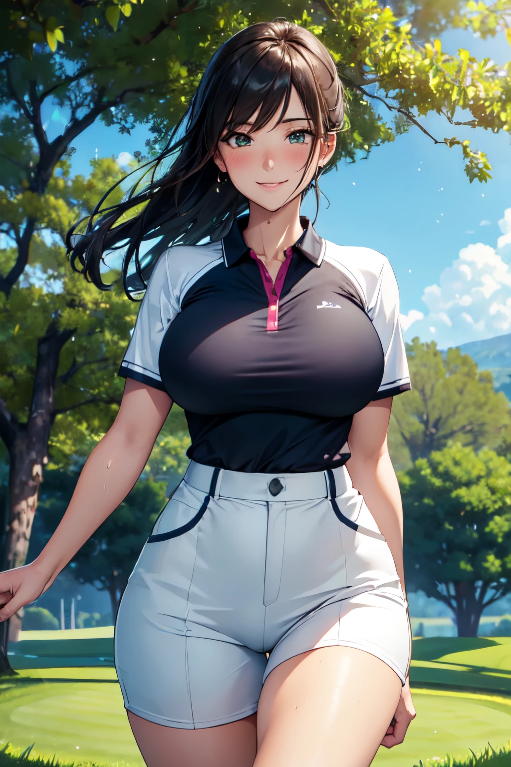 (High quality, High resolution, Fine details), Realistic, woman, golf player, garden, green grass,sporty, athletic physique, confident expression, professional golfer, elegant pose, fashionable outfit, sunlight, leaves rustling in the wind, leisurely atmosphere, scenic beauty, summer morning, solo, curvy women, sparkling eyes, (Detailed eyes), (smile), blush, (Sweat), (Oily skin), shallow depth of field