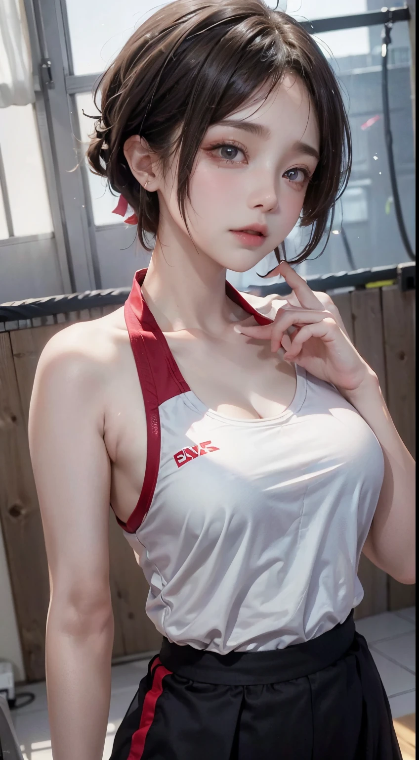 A girl who plays badminton，Height 170，（Finger details;1.5）,Correct exercise posture，realistically（1.4)（RAW photogr：1.4）Very delicate CG Unity 8K wallpaper，very delicate beautiful，Mann pays attention to detail，Beautiful exquisite eyes，There is light on the face，one-girl，Short hair details