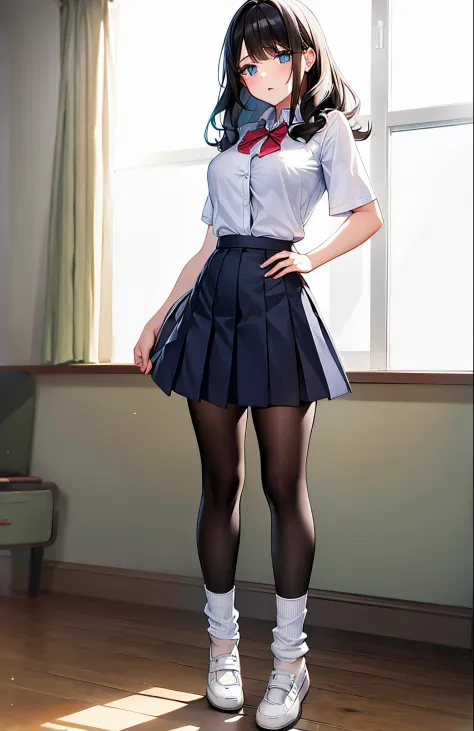 girl, detailed eyes, medium hair,standing, classroom, masterpiece, best quality, mature male, dress shirt, short sleeves, full b...