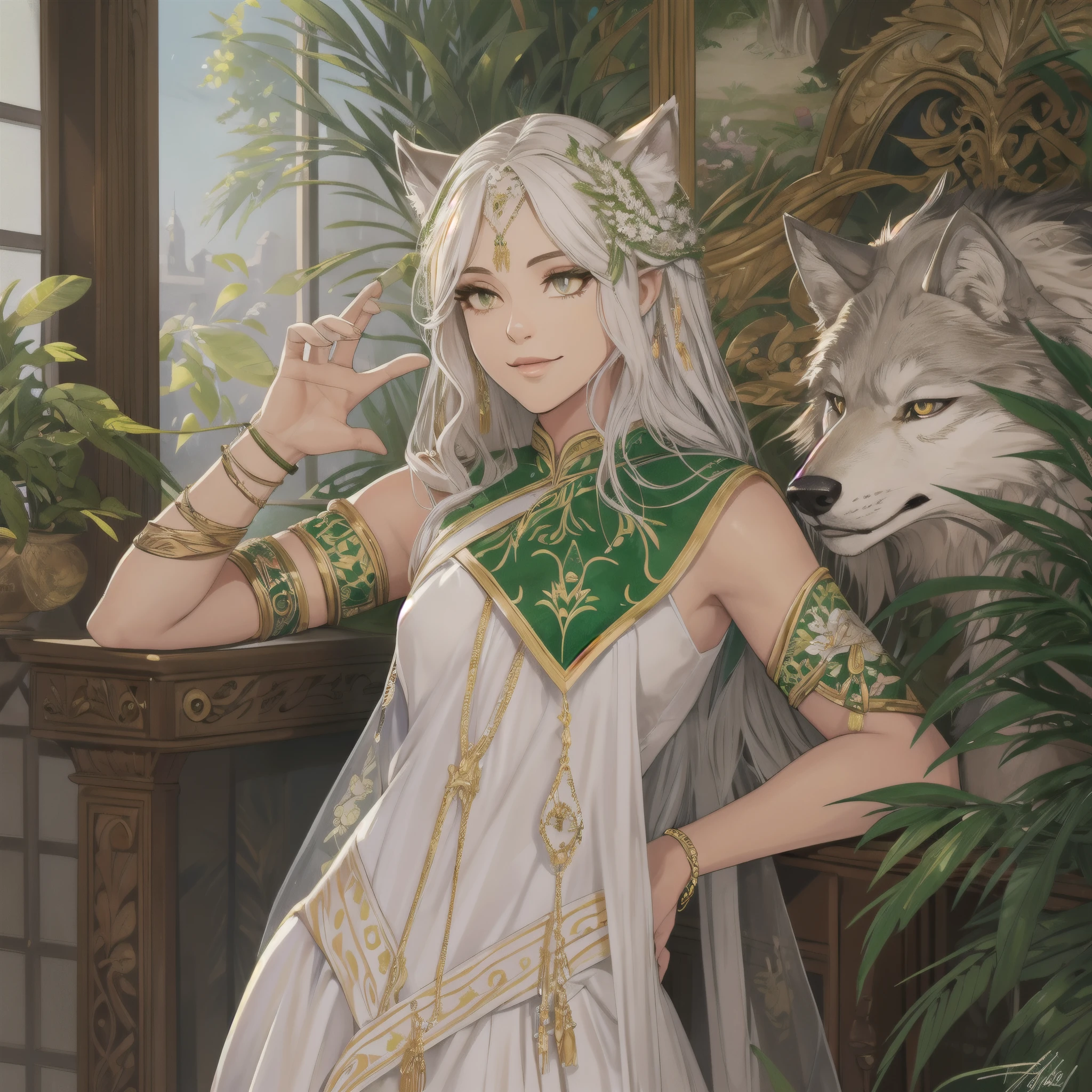 arafed woman in a white dress with green and gold accents,anthro wolf, furry,white wolf, scar,handsome,  masterpiece, 8k, nj5furry,masterpiece, best quality, perfect anatomy, bright eyes,  detailed background