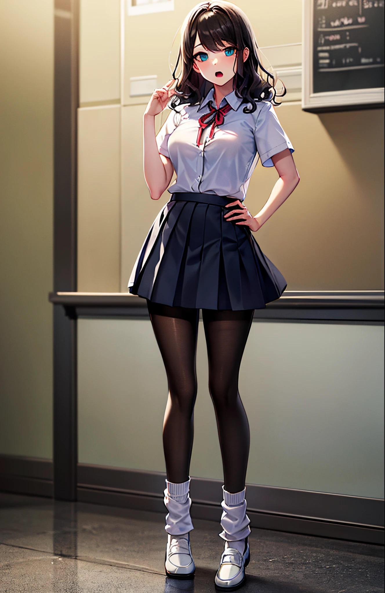 girl, detailed eyes, medium hair,standing, classroom, masterpiece, best quality, mature male, dress shirt, short sleeves, full body,  ((((loose socks)))), {{{{{white socks}}}}}, nervous, half-closed eyes, ((((black pantyhose)))), ((socks over pantyhose)), loafers,   aqua shirt, pleated skirt, miniskirt, school uniform, {{midriff}}, navel, zettai ryouiki, {{{{calf socks}}}}, calf socks, open mouth, wavy hair, looking at viewer, swept bangs, medium breasts, expressionless, mary janes, lace-trimmed ribbon, hand on hip, large breasts, navel,(((white shoes)))