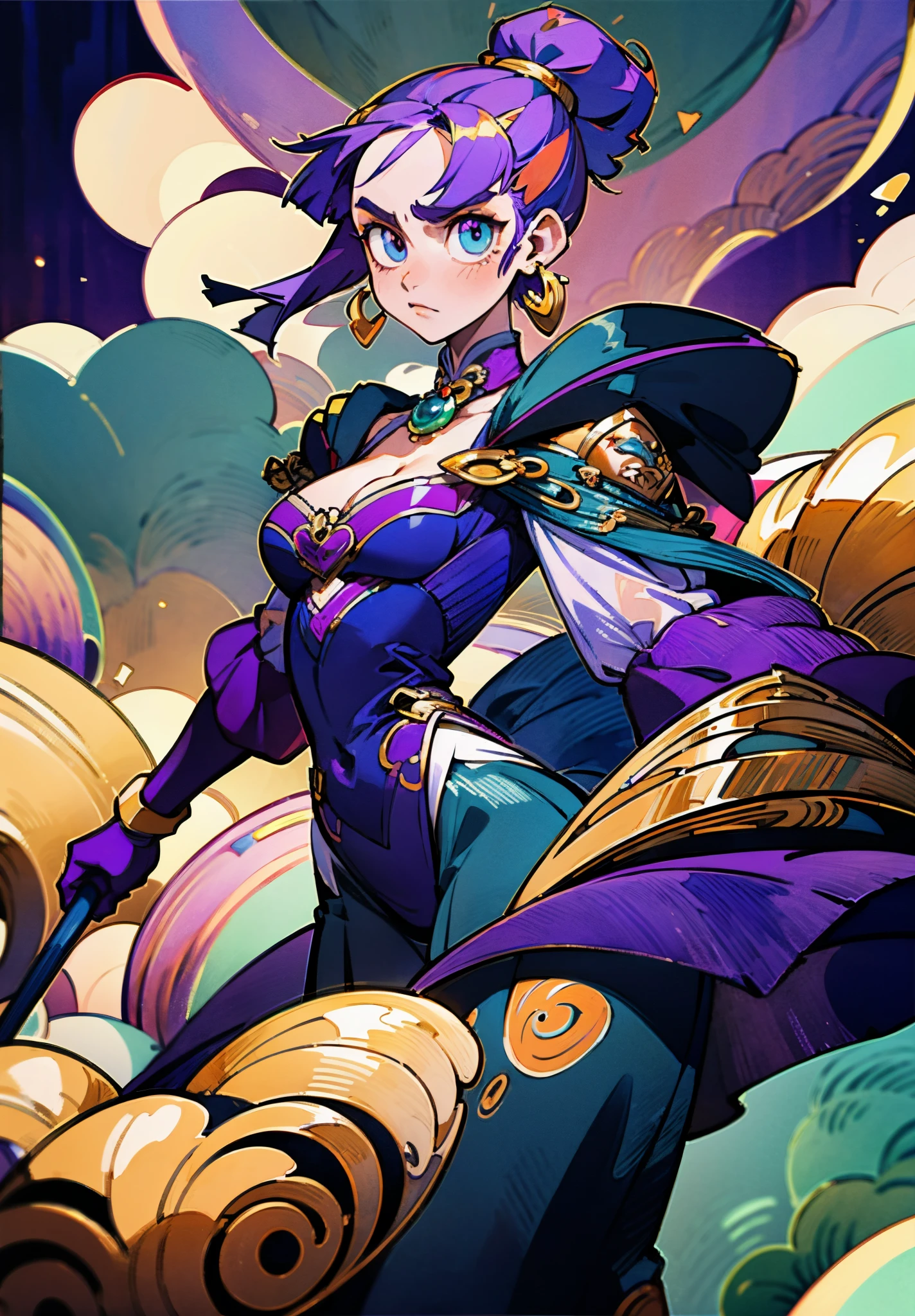 A beautiful young woman, long blue-purple hair, long bangs, ponytail, sharp gaze, a serious expression, a slender and athletic figure, a fantasy martial arts-style two-piece outfit, a fitted qipao-style long skirt, a blue-purple long cloak that almost covers her entire body, adorning her chest is an exquisite jade decorative brooch, purple mist swirls around her, a mysterious atmosphere, this character embodies a finely crafted fantasy martial arts-style female warrior in anime style, exquisite and mature manga art style, high definition, best quality, highres, ultra-detailed, ultra-fine painting, extremely delicate, professional, anatomically correct, symmetrical face, extremely detailed eyes and face, high quality eyes, creativity, RAW photo, UHD, 8k, Natural light, cinematic lighting, masterpiece-anatomy-perfect, masterpiece:1.5