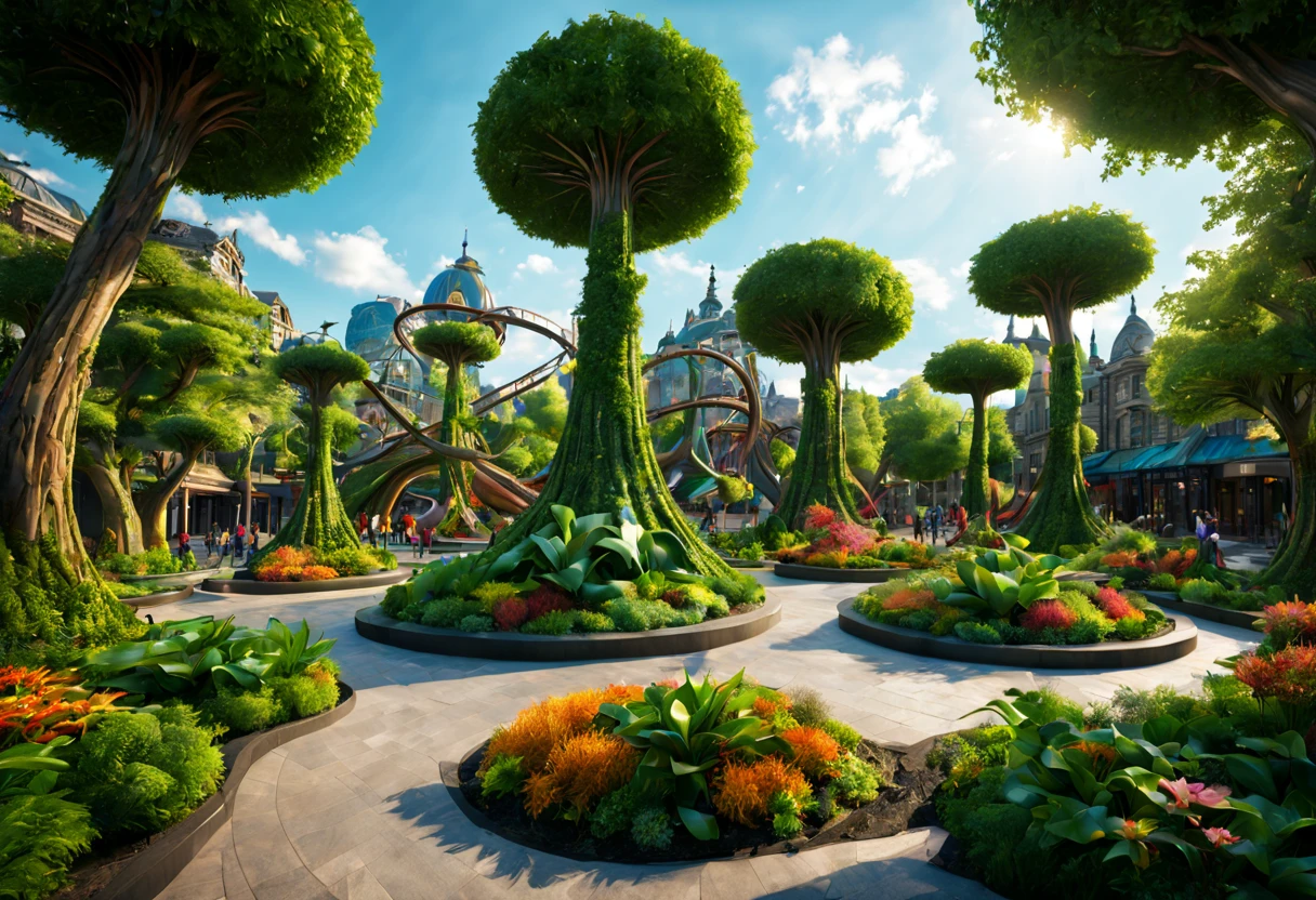 (nature theme park), plant sculpture in park square, nature style, (best composition), ultra-wide-angle, octane render, enhance, intricate, (best quality, masterpiece, Representative work, official art, Professional, unity 8k wallpaper:1.3)