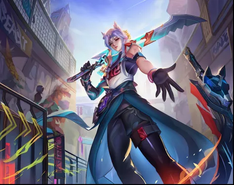 a woman in a long dress holding a sword and a sword, keqing from genshin impact, hero pose colorful city lighting, league of legends character, zhongli from genshin impact, by Yang J, ahri, freya, kda, style league of legends, riven, ashe, from league of l...