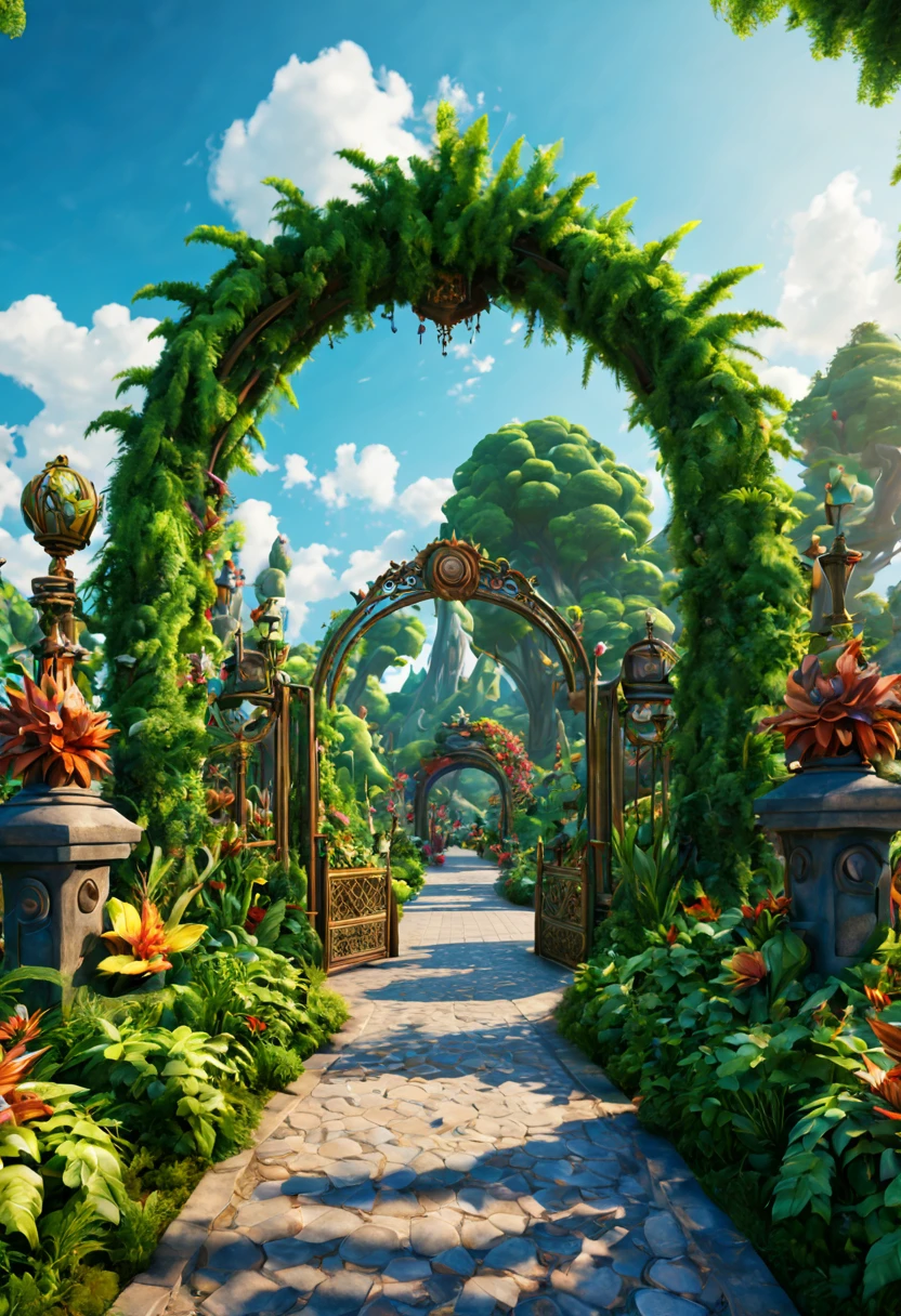 (nature theme park), plant sculpture front park gate, nature style, (best composition), ultra-wide-angle, octane render, enhance, intricate, (best quality, masterpiece, Representative work, official art, Professional, unity 8k wallpaper:1.3)