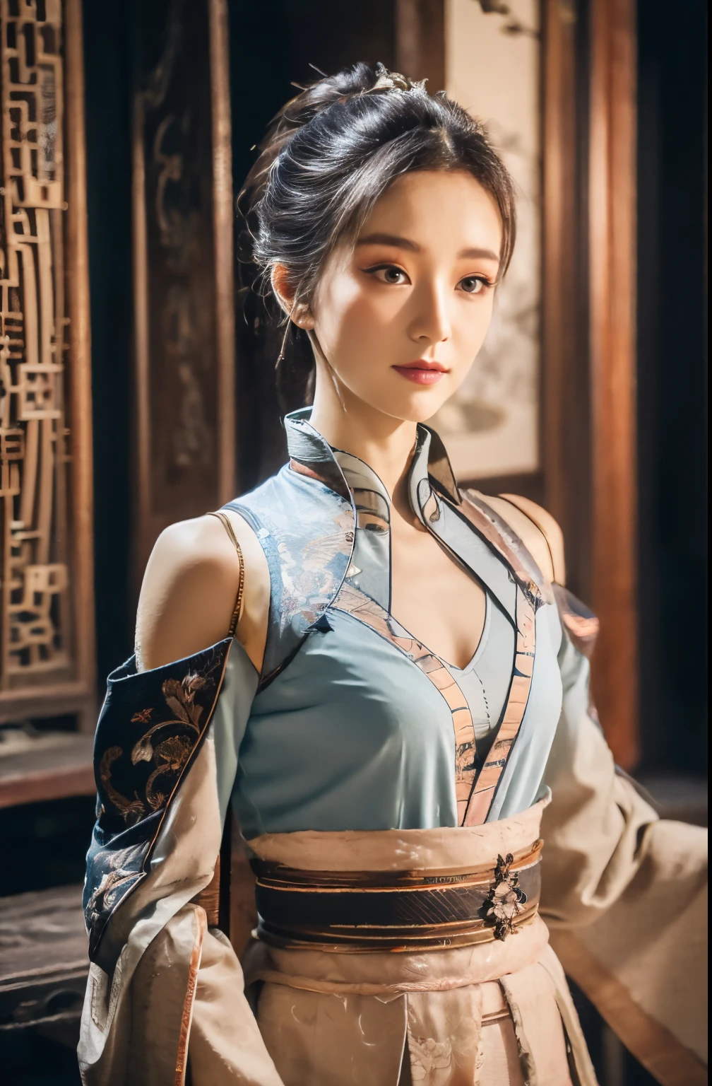 Gentle and beautiful woman, full body photo, delicate and sexy collarbone, attractive oval face, double eyelids, smart peach blossom eyes, pink lips, small nose, bare shoulders, focused face, face up, ultra high definition, super detail, elegant standing posture, ancient Chinese clothes , ancient Chinese scenery, holding ancient Chinese sword,