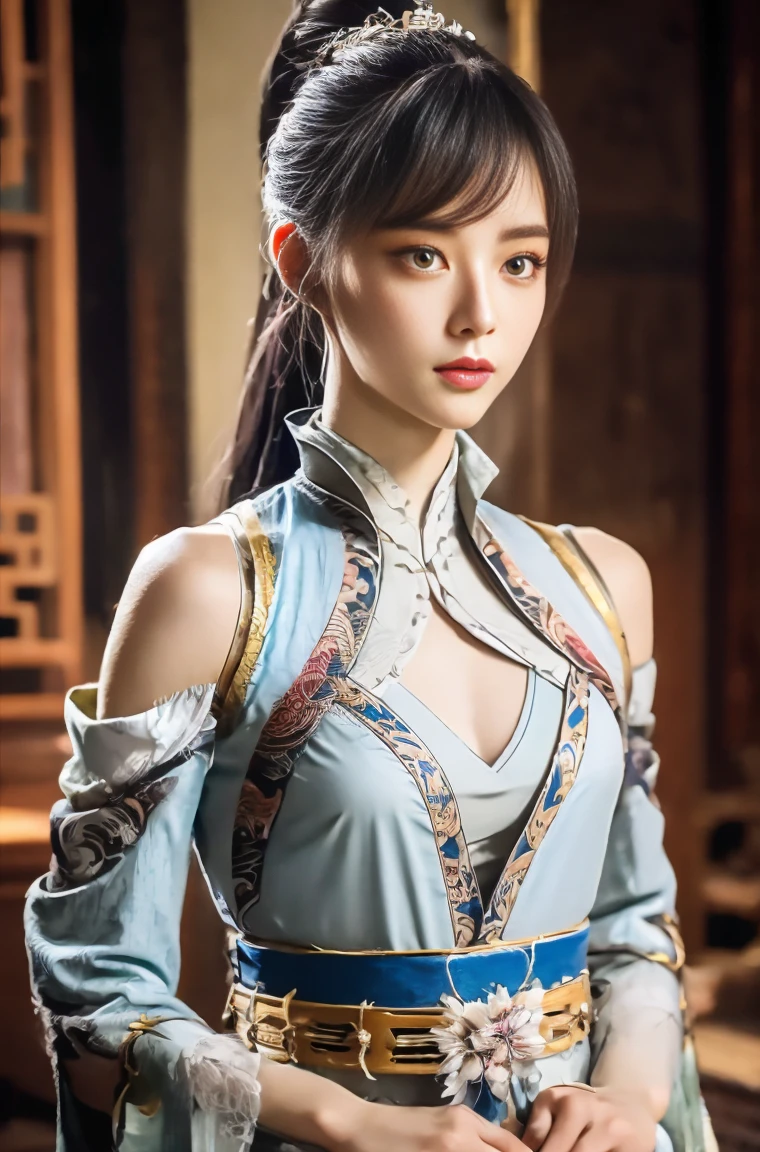 Gentle and beautiful woman, full body photo, delicate and sexy collarbone, attractive oval face, double eyelids, smart peach blossom eyes, pink lips, small nose, bare shoulders, focused face, face up, ultra high definition, super detail, elegant standing posture, ancient Chinese clothes , ancient Chinese scenery, holding ancient Chinese sword,