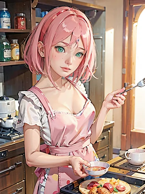 anime girl in pink apron holding a fork and spoon in a kitchen, seductive anime girl, attractive anime girl, loli in dress, anime visual of a cute girl, cute anime girl, cute anime waifu in a nice dress, beautiful anime girl, anime moe artstyle, an anime g...