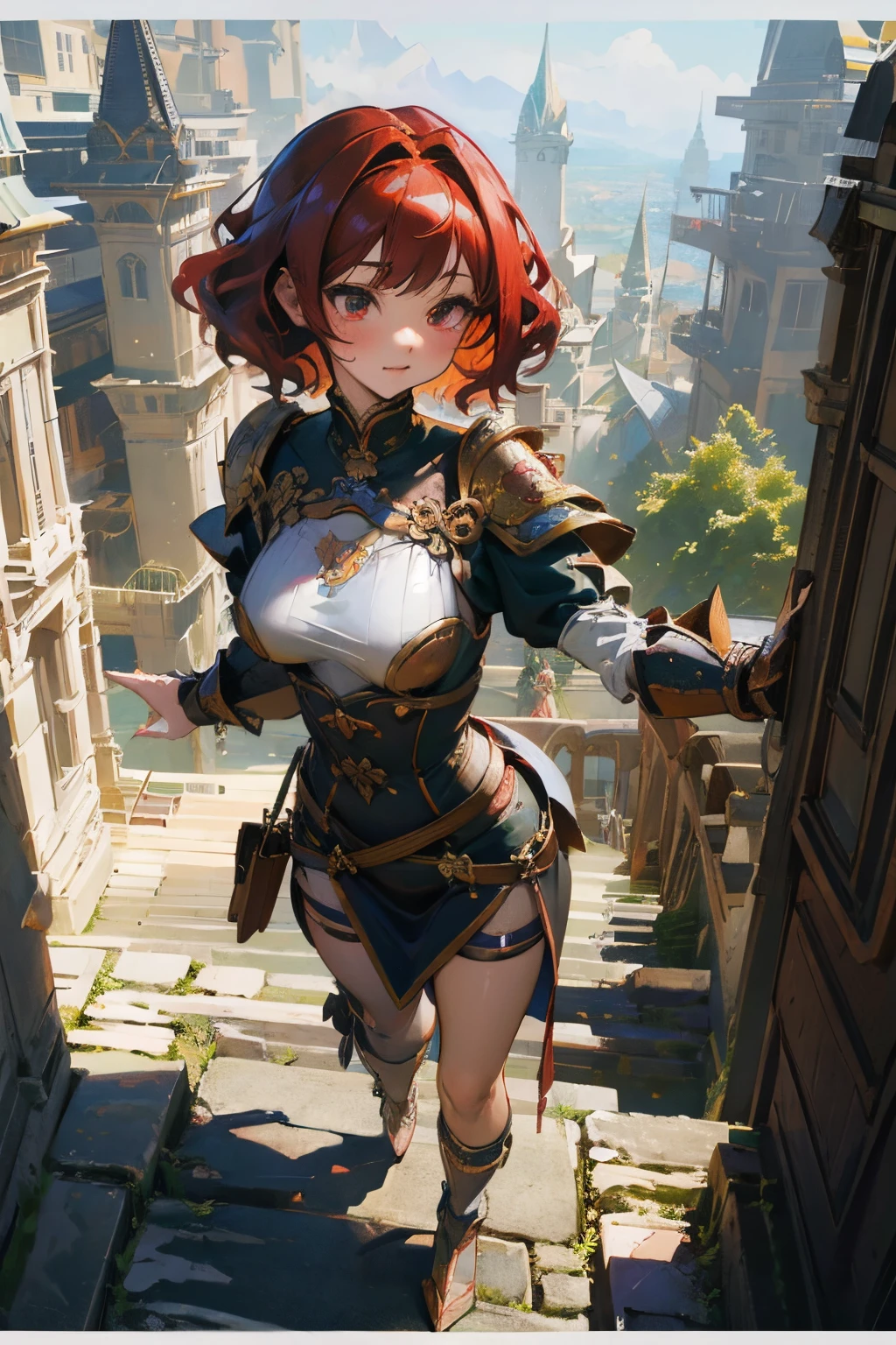 masutepiece, Best Quality, colorful, ray tracing, perfect lighting, extremely detailed 8k wallpaper, detailed background, High resolution, solo, 1girl, Full body, Description Girls, detail hands, Detail fingers, Detail Face, cute face, detail legs, overdetailed art, Fine details, large breasts, big ass, fantasy, red hair, (wavy hair), (bob cut), leather armor, in town, walking