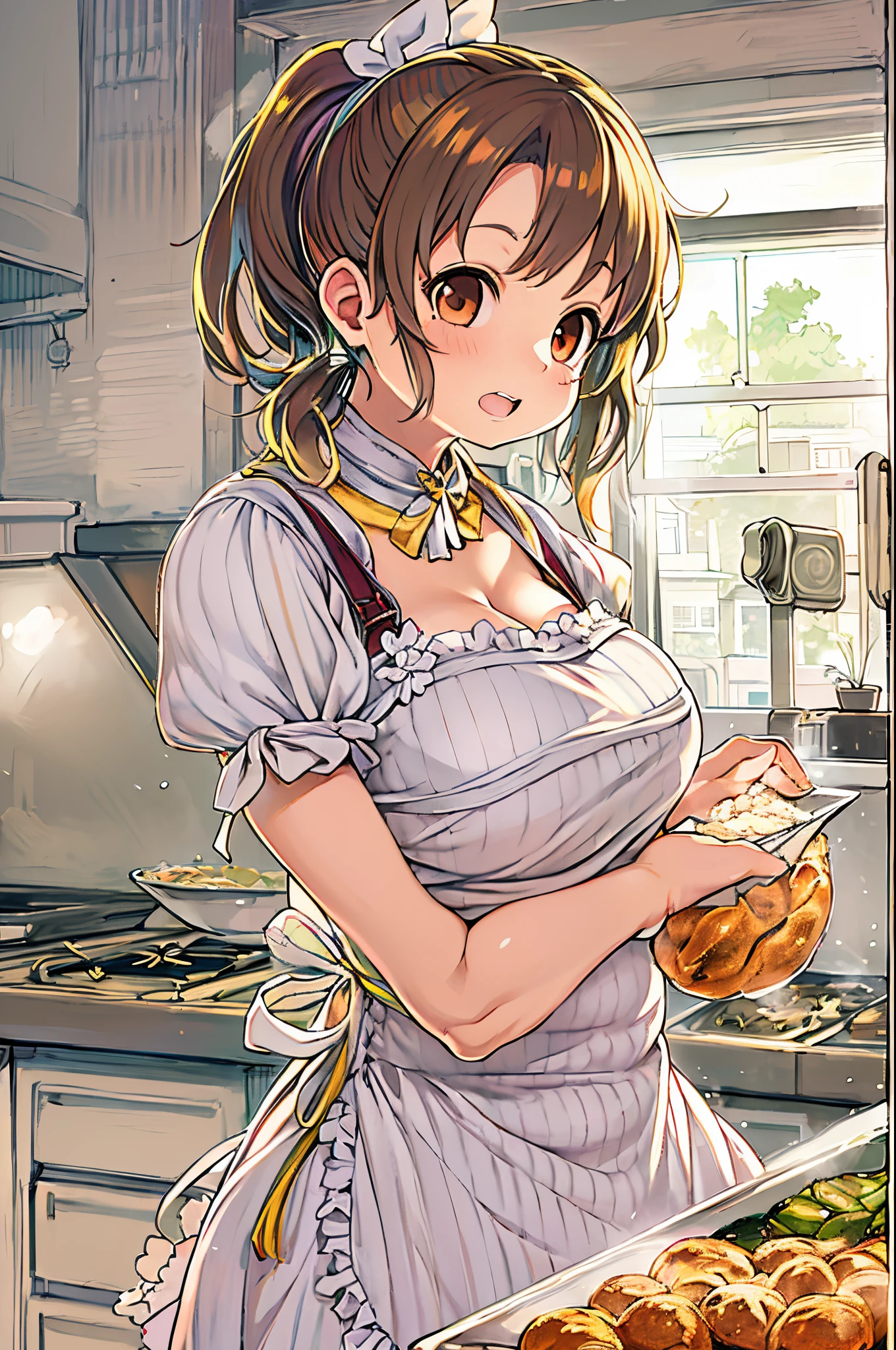 One woman with short ponytail brown hairstyle, wearing only a short frilly apron, Chic, Alone, Solo, (Alone)(Solo), Showing cleavage, Facing forward, looking at me, Looking forward, showing belly, bake sweets in the kitchen,Anime Art