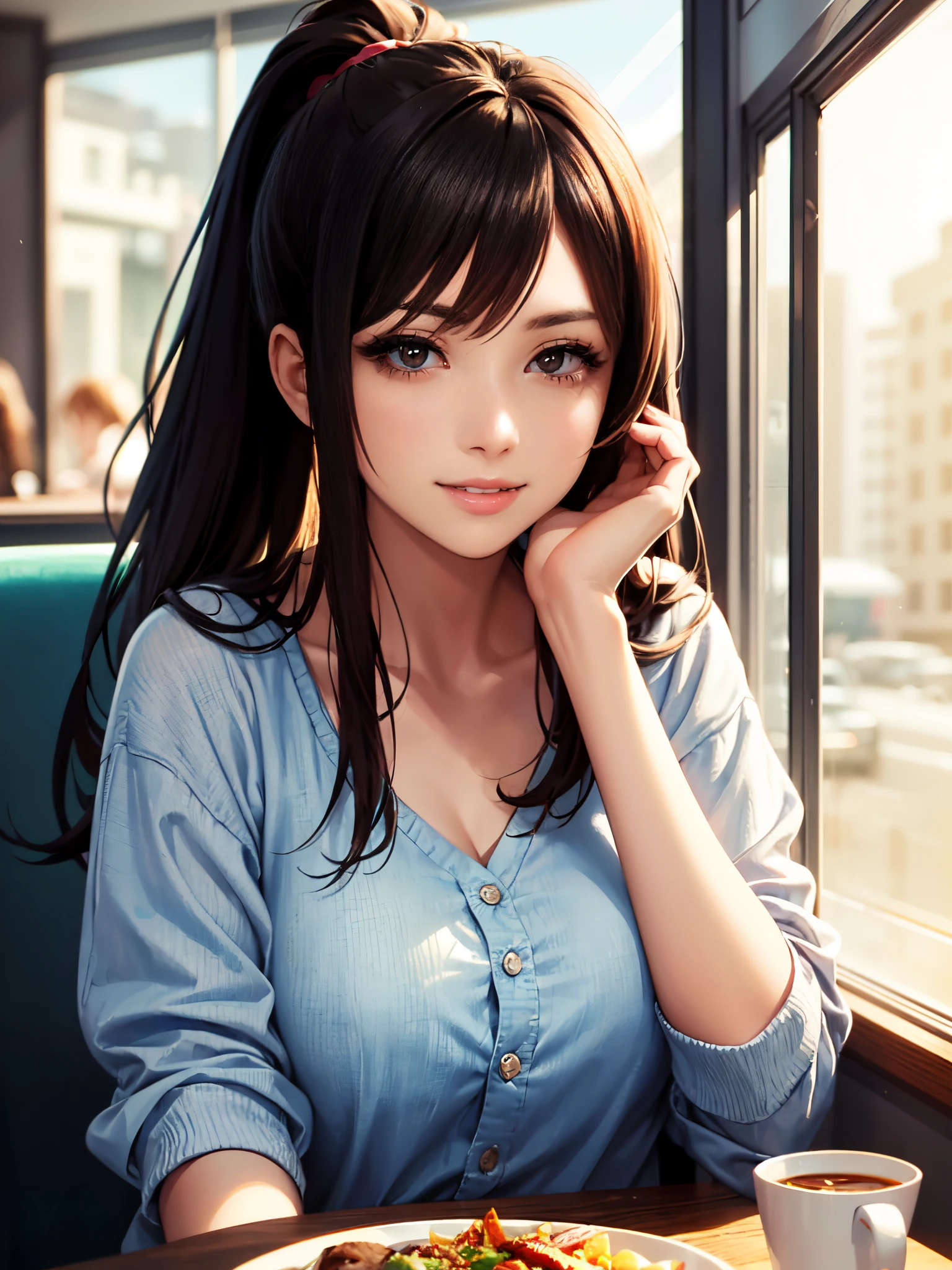 (masterpiece), (best quality), ultra high res, sharp focus, natural afternoon lightning, sunlight, soft shadow, upper body, medium long shot, mls, (from ground), 1girl, anime, very stunning and gorgeous mature woman, beautiful detailed hair, black hair, ponytail, beautiful detailed face, perfect beautiful face, look at the viewer, smiles, comfortable face, (perfect beautiful eyes, brown eyes), feminine chic outfit, sitting in the diner, eat lunch, lunch on table