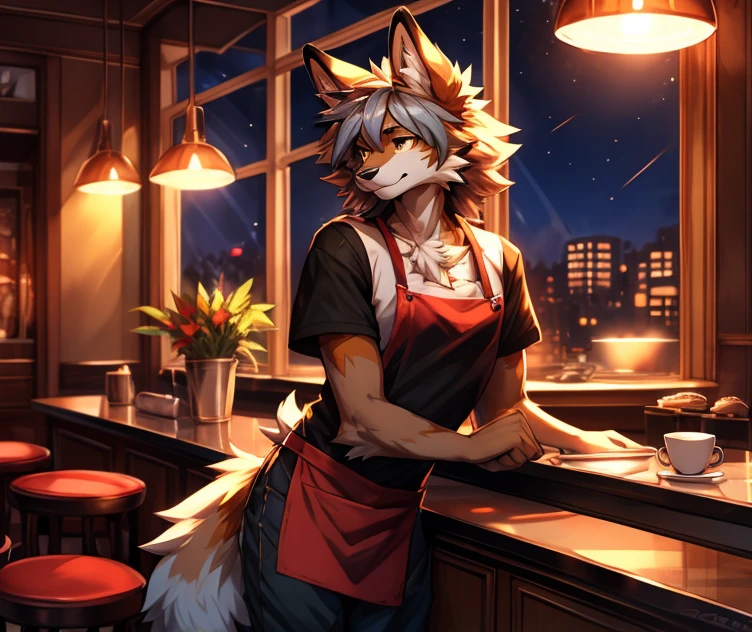 anthro,(feminine) male, Australian shepherd, wearing baggy pants and black t-shirt+, cafe hotel, window view, serving coffee, green and red apron, by Zackary911, by Wizzkit, by anixs, detailed feminine male body, high quality, anatomically correct, detailed face, fluffy hair, detailed background, masterpiece, 4k hd, cg, cafe and rest, ((night)), moonlight through window