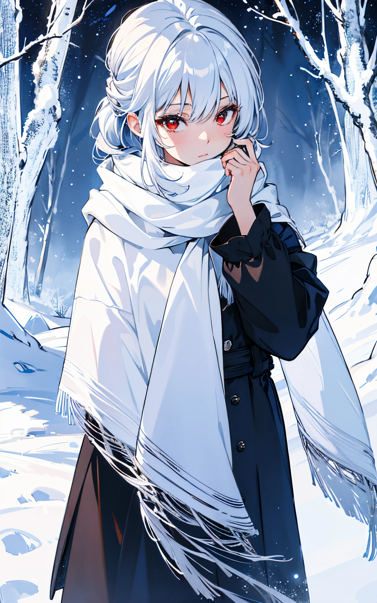 (best quality,4k,8k,highres,masterpiece:1.2),ultra-detailed,white hair,scarf,snow,red eyes,portrait,icy blue,soft illumination,crisp shadows, winter,serene expression,magical solitude,vivid colors,subtle gradients,fine brushstrokes