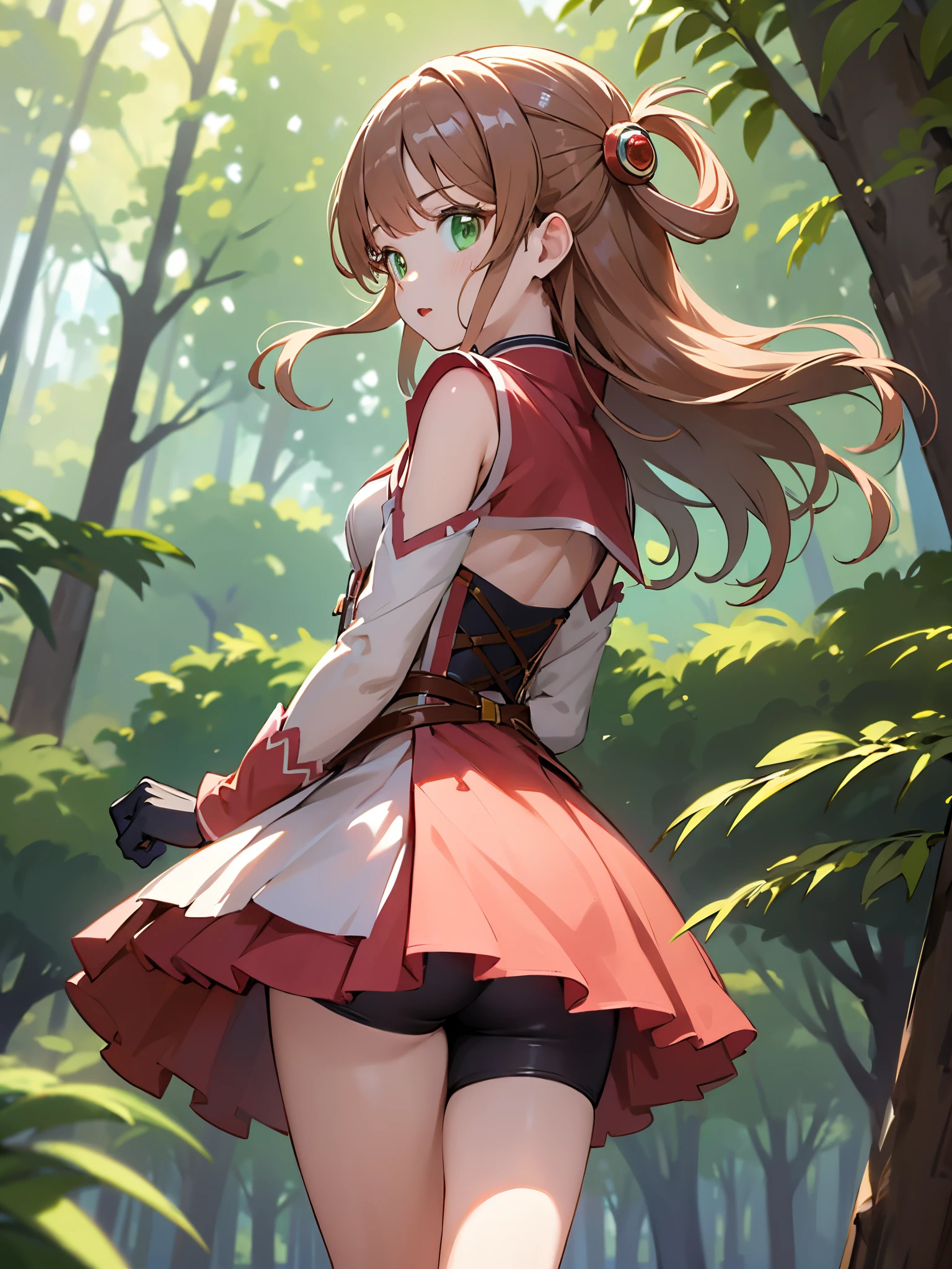 (masterpiece), (best quality), (ultra-detailed), intricate detail,reno-prcn, 1girl,solo,bike shorts under skirt,brown hair,green eyes,hair rings,forest,(from behind)