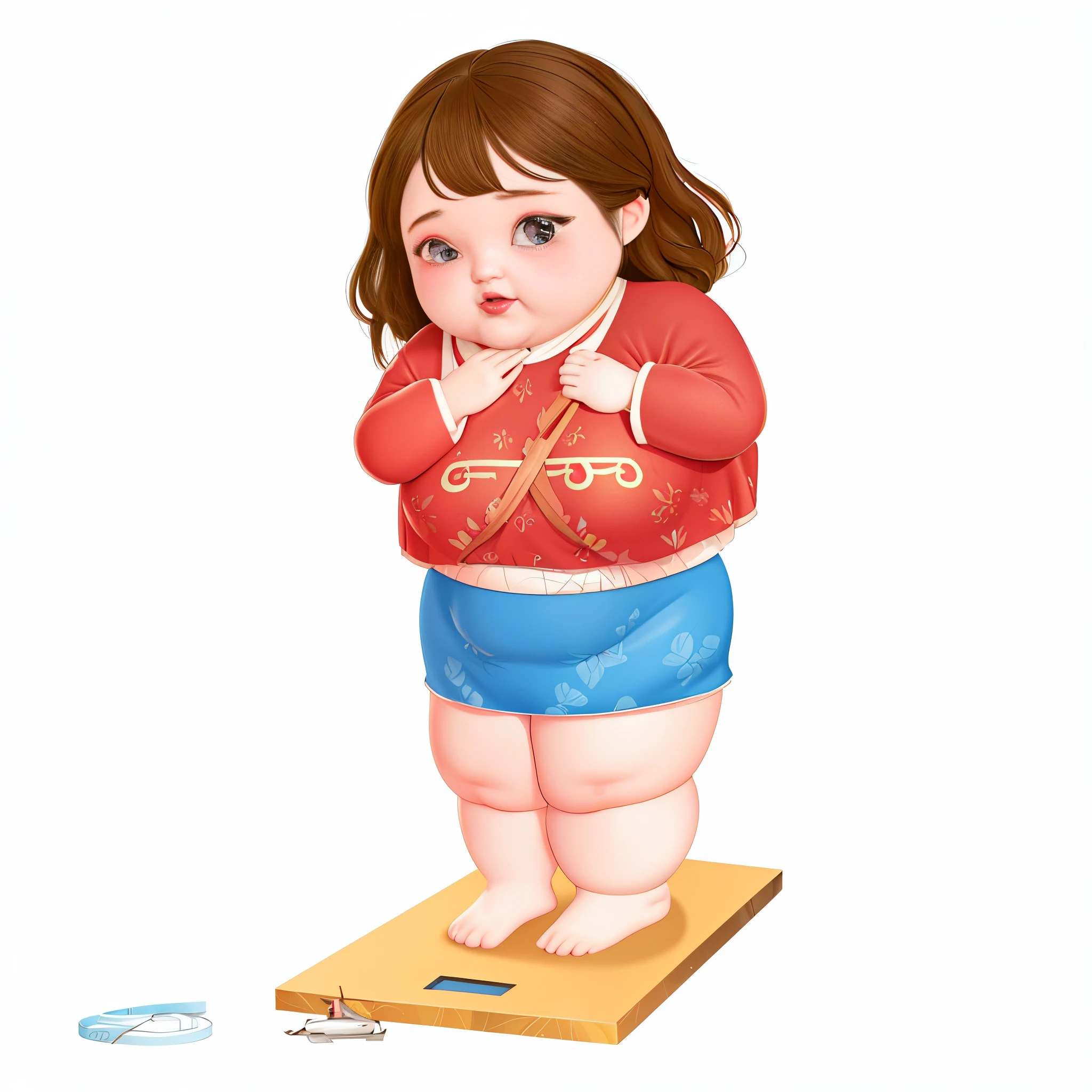 Cartoon illustration of a fat woman standing on a scale with a purse -  SeaArt AI