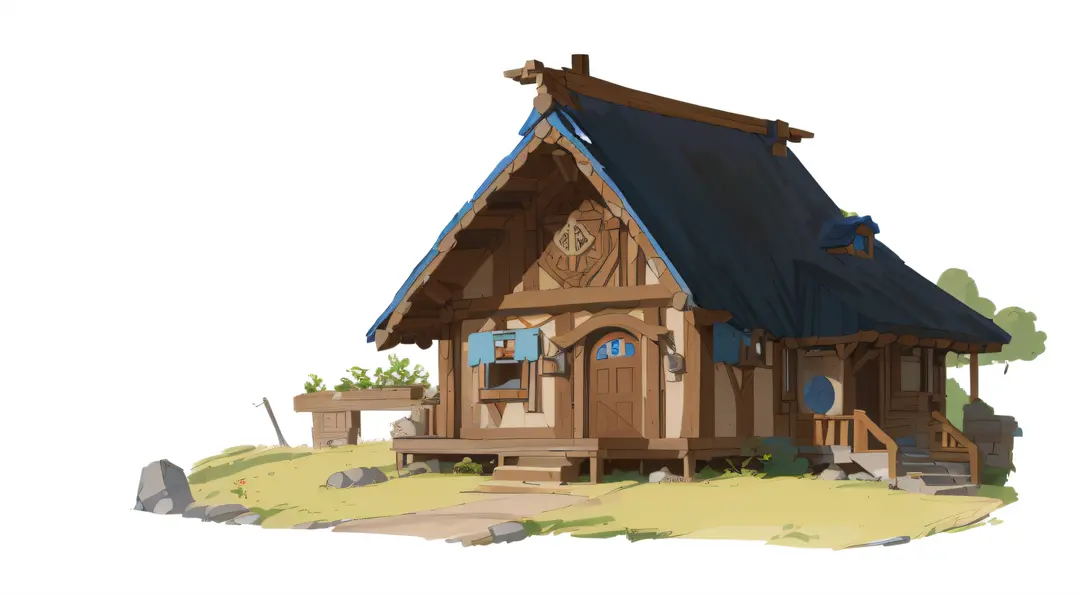 Cartoon image of small house with blue roof and porch, a multidimensional cozy tavern, stylized concept art, The witch's cabin, ...