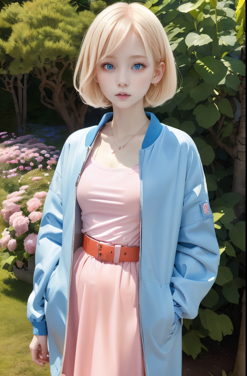 (masutepiece, Best Quality) Detailed, 1character , Blue Archive Art Style , wearing a baby blue jacket, Pink belt , Outfits inspired by BLACKPINK, croptop,stunning woman , Short hair , Blonde hair , Orange Eyes , no pupils , Pink lips , pale skin , ￼26 years old, 
 , pastel color fading , Cell shade ,