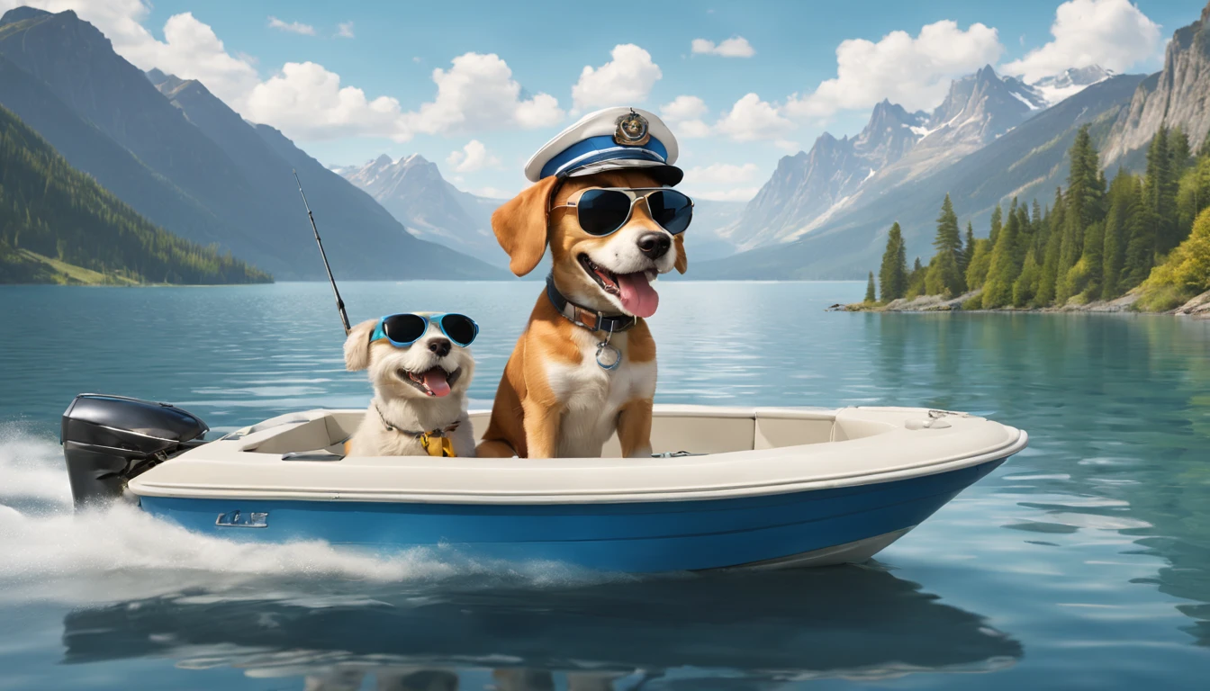 A dog is driving a powerboat at the lake. The dog is wearing a captain's hat and sunglasses. The dog is smiling and looking at the camera. The lake is surrounded by mountains. The sky is blue and there are some clouds. The dog is holding a fishing rod and there is a fish jumping out of the water.