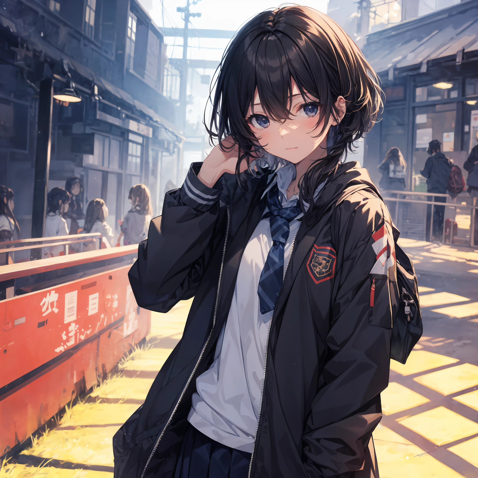 of the highest quality, Ultra-detailed, anime moe art style,Best Anime 8K Konachan Wallpapers,Pixiv Contest Winner,Perfect Anatomy, (Draw a girl sleepily walking to school. ),BREAK, 1girl in, (Solo,,,13years:1.3),a junior high school student, Androgynous attraction, (Very short hair),hair messy, Full limbs, complete fingers,flat chest, Small butt, groin, Small eyes,Precise black eyes,disgusted eye, , Skirt,On the way to school. BREAK,High resolution,super detailed skin, Professional Lighting, (cool illustration:1.2),