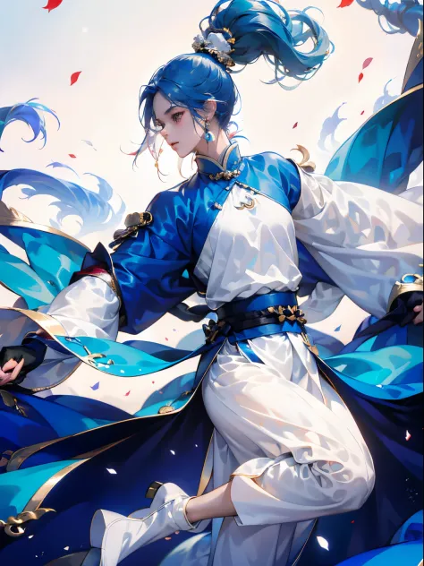 Male teenager、Blue-haired、long pony tail、White china clothes、White pants、Dark blue blue dragon sword、jumpping、Bright and bullish look