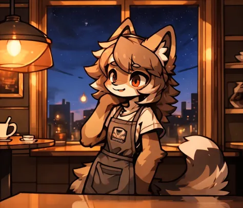 anthro, male, Australian shepherd, wearing baggy pants and black t-shirt+, cafe hotel, window view, serving coffee, green and re...
