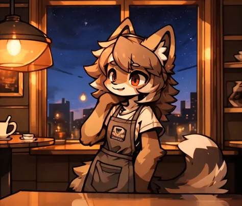 anthro, male, australian shepherd, wearing baggy pants and black t-shirt+, cafe hotel, window view, serving coffee, green and re...