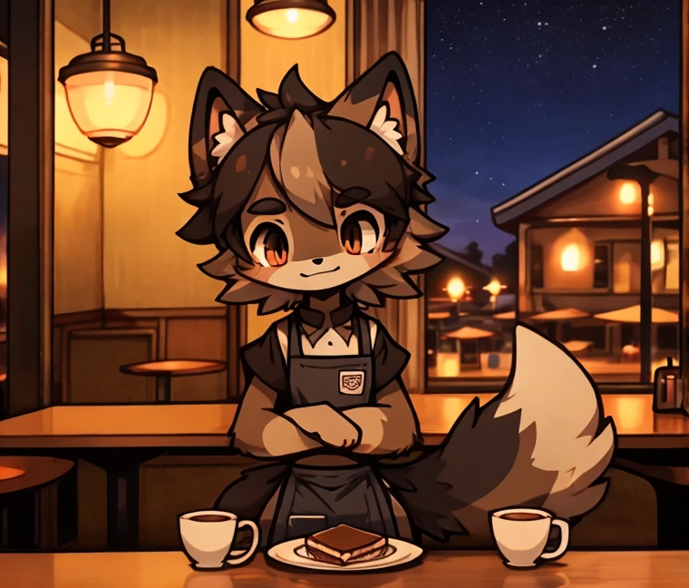 anthro, male, Australian shepherd, wearing baggy pants and black t-shirt+, cafe hotel, window view, serving coffee, green and red apron, by Zackary911, by Wizzkit, by anixs, detailed feminine male body, high quality, anatomically correct, detailed face, fluffy hair, detailed background, masterpiece, 4k hd, cg, cafe and rest, ((night)), moonlight through window, solo