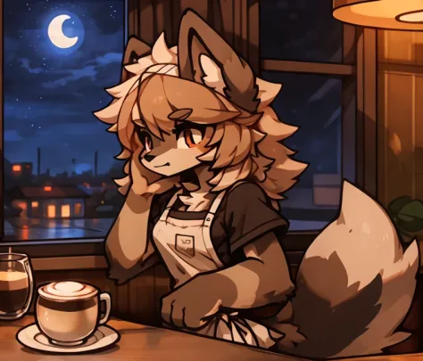 anthro, male, australian shepherd, wearing baggy pants and black t-shirt+, cafe hotel, window view, serving coffee, green and re...