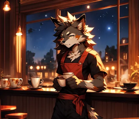 anthro, male, Australian shepherd, wearing baggy pants and black t-shirt+, cafe hotel, window view, serving coffee, green and re...