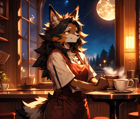 anthro, male, Australian shepherd, wearing baggy pants and black t-shirt+, cafe hotel, window view, serving coffee, green and re...