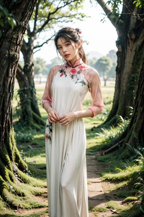 Asian girl:1.2, she stands on the ground, where there are many withered trees, dry and cracked soil, beautiful girl, ((beautiful face)), ((proportioned face))  , ((beautiful eyes)), (beautiful nose), (beautiful lips),