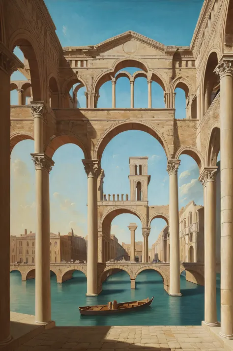 painting of a view of a city with a boat in the water, tall arches, surrealistic roman architecture, dry archways and spires, realistic painting of a complex, inspired by Ricardo Bofill, archs and columns, architectural painting, magic realism matte painti...