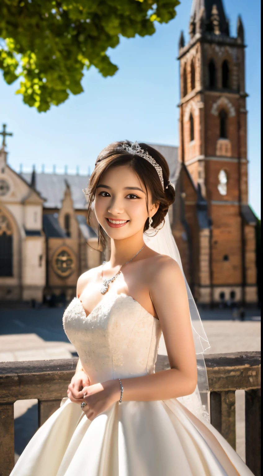 Best Quality, masutepiece, hight resolution,18 year old in a wedding dress, 1girl in,Ultra-high definition image of an extremely beautiful face（,silk white wedding dresses,）Hair Ornament,, gemstone is diamond,Photorealistic, Detailed image with church in the background,fullbody image,(High detailed skin:1.2),Smiling and looking at the camera,Full body image 8K UHD, Digital SLR, in the soft and bright sunlight,High quality, Volumetric lighting, Candid, photograph, hight resolution,fullbody image,4K