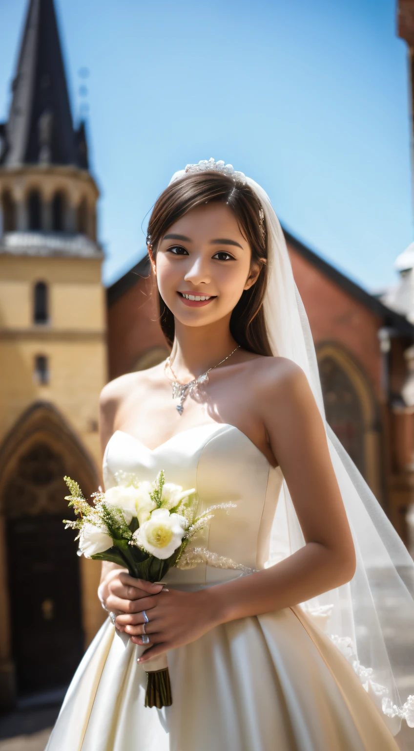 Best Quality, masutepiece, hight resolution,18 year old in a wedding dress, 1girl in,Extremely beautiful face,（Ultra-high definition image of an extremely beautiful face）（,silk white wedding dresses,）Hair Ornament,, gemstone is diamond,Photorealistic, Detailed image with church in the background,fullbody image,(High detailed skin:1.2),Smiling and looking at the camera,Full body image 8K UHD, Digital SLR, in the soft and bright sunlight,High quality, Volumetric lighting, Candid, photograph, hight resolution,fullbody image,4K