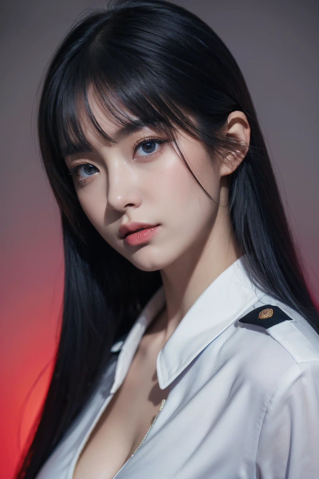 tmasterpiece,Best quality at best,A high resolution,8K,(portrait),(Close up of avatar),(RAW photogr),real photograph,digital photography,(girl in police uniform),19 year old girl,long whitr hair,By bangs,(Blue-red gradient hair),((Red eyes)),elegant and charming,cleavage,A plump chest,badges,simple clothing patterns,Keep your mouth shut,Calm and serious,(police officers),Photo pose,Realistic,gray world background,oc render reflection texture