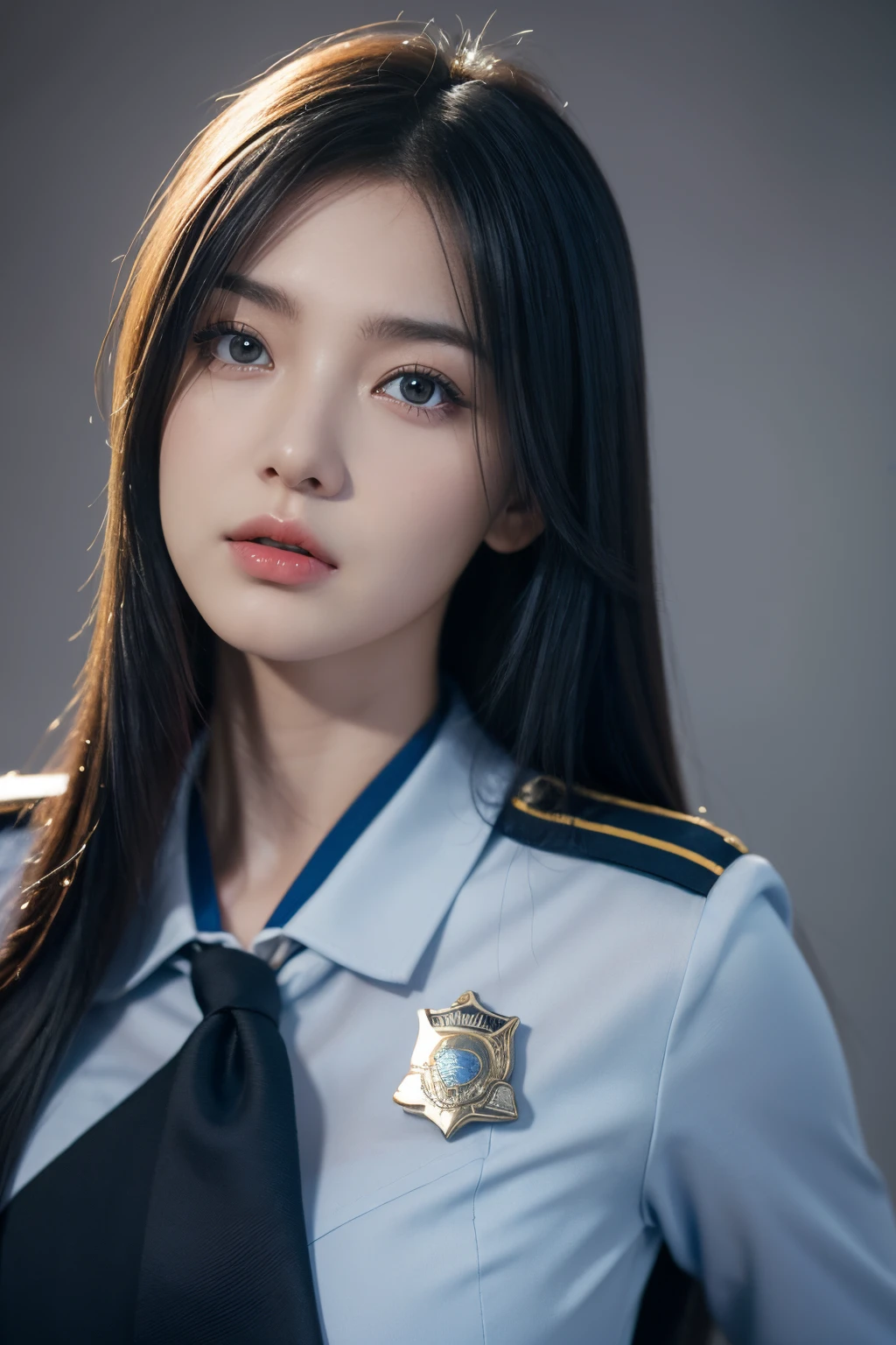 tmasterpiece,Best quality at best,A high resolution,8K,(portrait),(Close up of avatar),(RAW photogr),real photograph,digital photography,(girl in police uniform),1 girl,long whitr hair,By bangs,(Blue-red gradient hair),((Red eyes)),elegant and charming,cleavage,A plump chest,badges,simple clothing patterns,Keep your mouth shut,Calm and serious,(police officers),Photo pose,Realistic,gray world background,oc render reflection texture