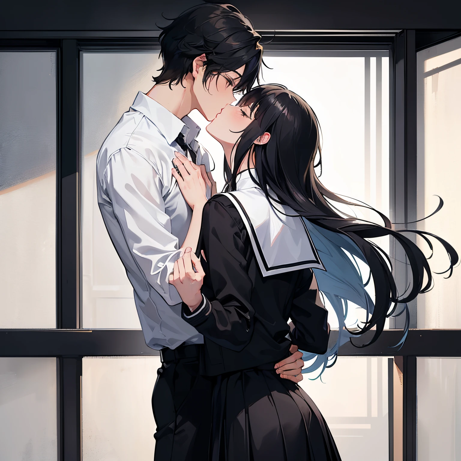 Anime couple kissing in front of a window with a light shining on them -  SeaArt AI