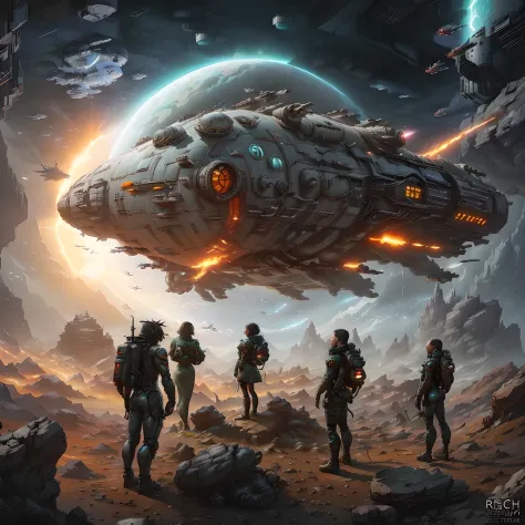 a group of people, standing in front of a spaceship in a rocky area, Award-winning sci-fi art, epic fantasy sci fi illustration,...