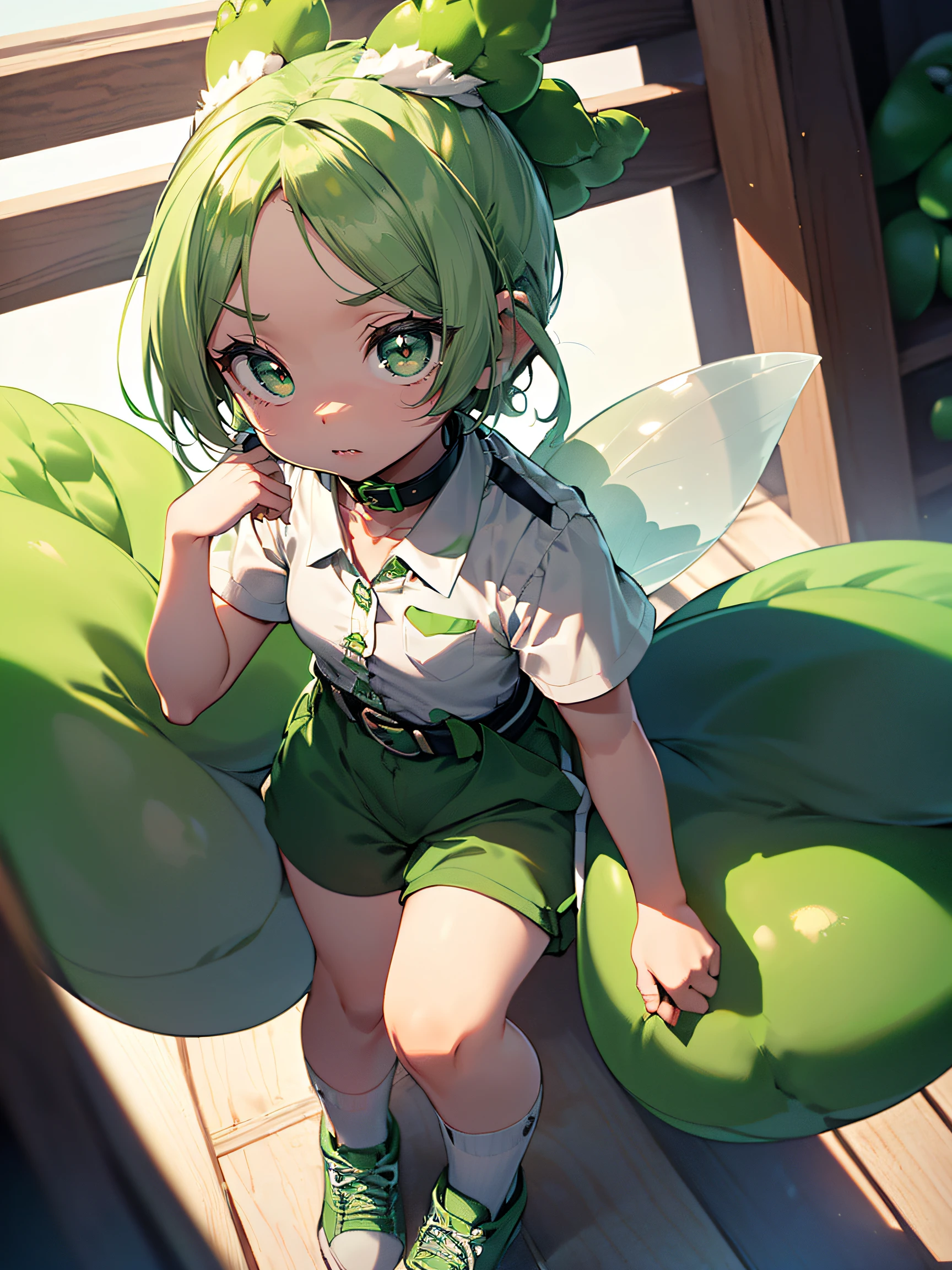 (Zundamon:1.2), (green and white fairy shape:1.4), ((round head, Big eyes, small mouth):1.5), ((Edamame ears, fluffy tail):1.2), (white shirt with green collar:1.3), (green shorts with white belt:1.3), ((White socks, Green shoes):1.2)