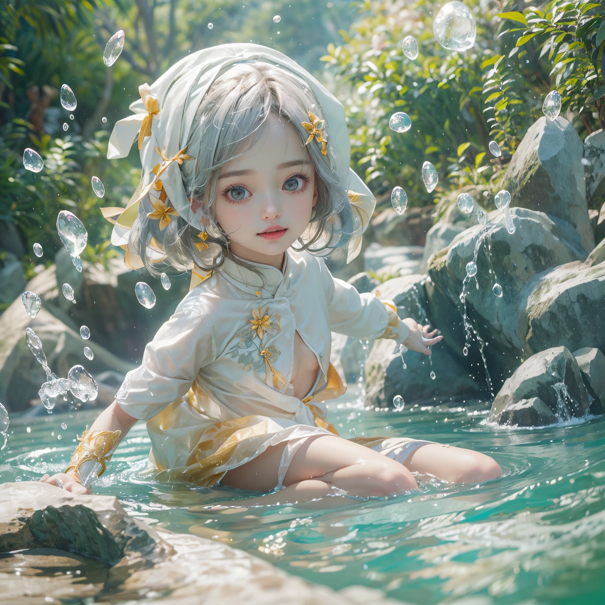 (8K, Original photography, Top image quality, masterpiece: 1.4), hyper HD, (Realistic, Reality: 1.48), realisticlying, A high resolution, softlighting. Tiny Girls, girl jumping into the water、Falling、splash water、shout、Luminous water surface、White and Vivid colors, back lighting, glistening ivory skin, sparkling highlights, Detailed KAWAII face with cute lips, long eyelashes, Delicate clothes, Detailed open crotch, ((no extra limbs, corrected limbs)), Whole Body proportions and all limbs are anatomically accurate .