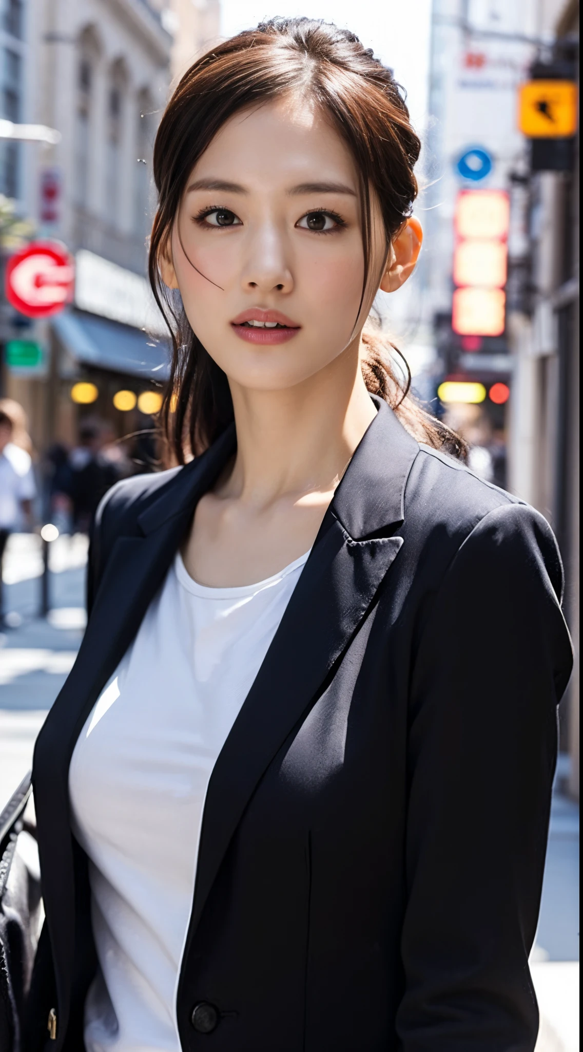 Highly detailed CG Unity 8k wallpaper, of the highest quality, super detailed, masutepiece, Realistic, photographrealistic, extremely detailed cute girl, 25 years old, ,, Upper body , ,Colossal tits,Black eyes,Suit jacket,ＹThe shirt